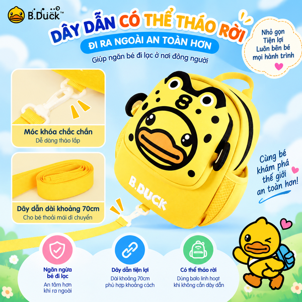 Balo B.Duck Cho Bé Trai Bé Gái, Balo Mẫu Giáo Trẻ Em Vịt Vàng 2 Quai Đi Học Mầm Non, có dây chống lạc