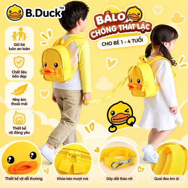 Balo Trẻ Em B.Duck Vịt Vàng Kèm Dây Dắt Tháo Rời, Balo Chống Thất Lạc Cho Bé 1–4 Tuổi, Nhẹ Êm Dễ Thương