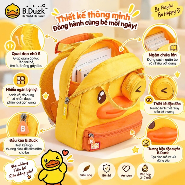 Balo B.Duck Vịt Vàng Cho Bé Đi Học Mẫu Giáo, Balo Trẻ Em Hình Mỏ Vịt 3D Kèm Túi Nhỏ Tháo Rời, Nhẹ Êm Dễ Thương