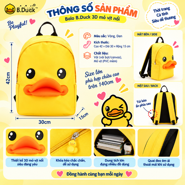 Balo B.Duck Nữ Mỏ Vịt Nổi 3D, Balo Đi Học Đi Chơi Size Lớn Thời Trang Dễ Thương