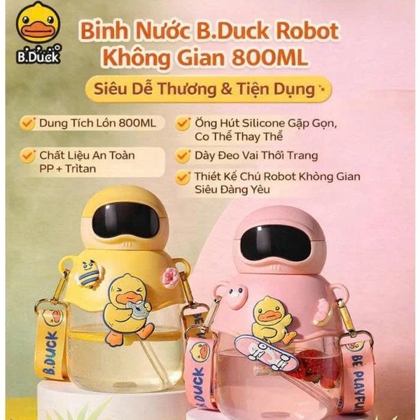 Bình Nước B.Duck Vịt Vàng 800ml Có Ống Hút – Bình Nước Trẻ Em Dễ Thương Có Dây Đeo, Chống Rò Rỉ