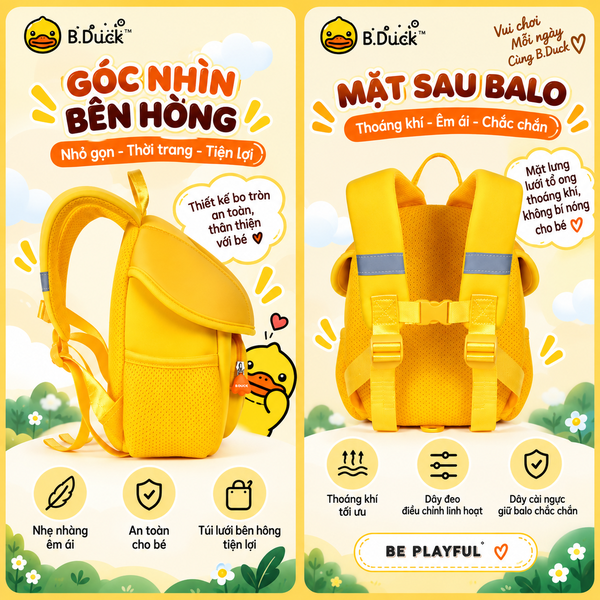 Balo B.Duck Vịt Vàng Cho Bé 1-4 Tuổi Có Dây Dắt Chống Đi Lạc, Balo Nắp Gập Nhẹ Thoáng Khí Cho Bé Trai Bé Gái