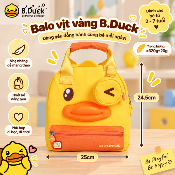 Balo B.Duck Vịt Vàng Cho Bé Đi Học Mẫu Giáo, Balo Trẻ Em Hình Mỏ Vịt 3D Kèm Túi Nhỏ Tháo Rời, Nhẹ Êm Dễ Thương