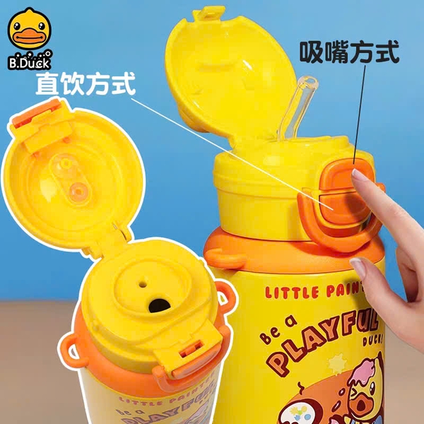 Bình Nước Giữ Nhiệt B.Duck 500ml Inox 316L Cho Bé – Có Ống Hút & Dây Đeo, Giữ Nhiệt Lạnh Nóng