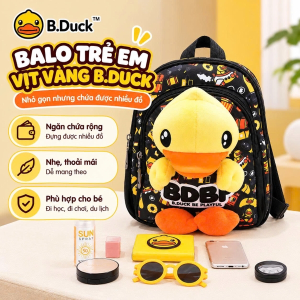 Balo Trẻ Em B.Duck Vịt Vàng Kèm Thú Bông 3D, Có Dây Dắt Chống Thất Lạc, Balo Cho Bé Trai Bé Gái 1–5 Tuổi
