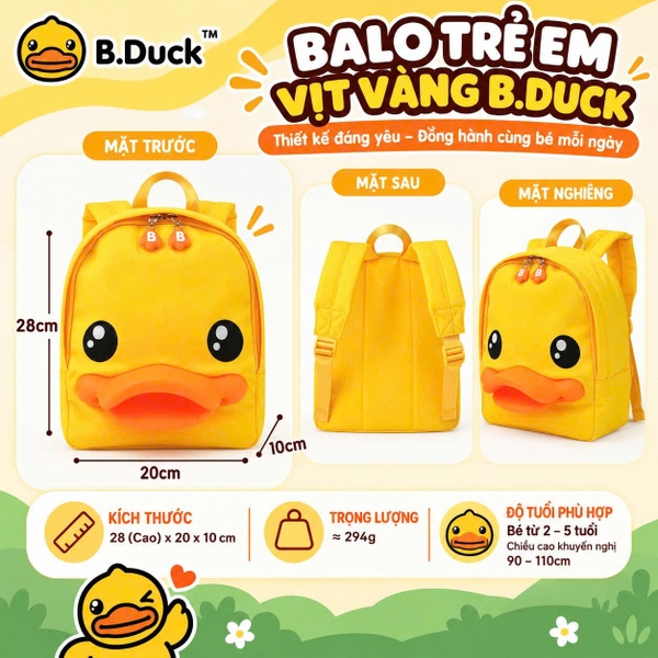 Balo Vịt Vàng B.Duck 3D Cho Bé – Ba Lô Hình Vịt Dễ Thương Chống Nước Nhẹ Êm Cho Bé Đi Học Đi Chơi