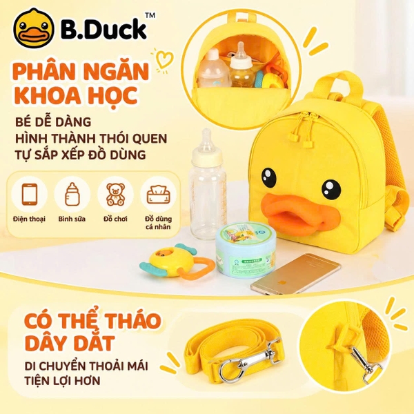 Balo Trẻ Em B.Duck Vịt Vàng Kèm Dây Dắt Tháo Rời, Balo Chống Thất Lạc Cho Bé 1–4 Tuổi, Nhẹ Êm Dễ Thương