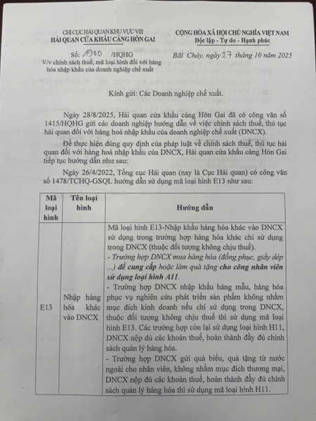 CÔNG VĂN 1900/HQHG - VỀ VIỆC CHÍNH SÁCH THUẾ VÀ MÃ LOẠI HÌNH ĐỐI VỚI HÀNG HÓA NHẬP KHẨU CỦA DOANH NGHIỆP CHẾ XUẤT.