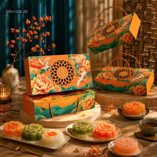 Hộp Giấy - Bánh Trung Thu Quai Xách - 2 Bánh - 2B08 - VÂN HOA 2B