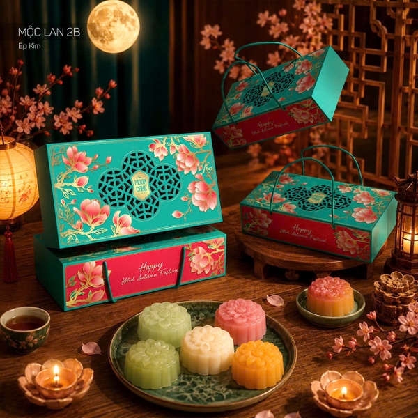Hộp Giấy - Bánh Trung Thu Quai Xách - 2 Bánh - 2B07 - MỘC LAN 2B ÉP KIM