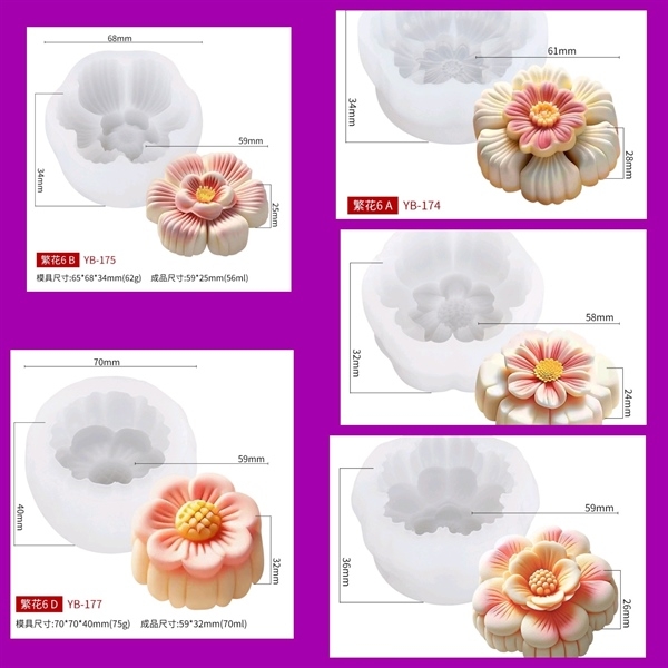 Khuôn Silicon - Hoa Mai Đào Nằm - Set 5 Mai Đào Trung Thu YB 174-YB 178