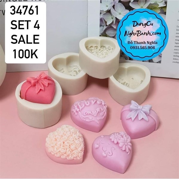Khuôn Silicon - Trái Tim Kiểu - Set 4 Tim Love Hoa