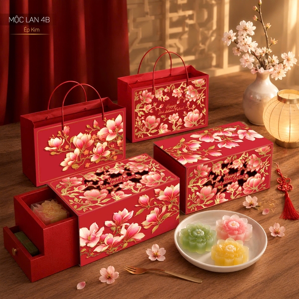 Hộp Giấy - Bánh Trung Thu Quai Xách - 4 Bánh - 4B06 - 4 Bánh Mộc Lan