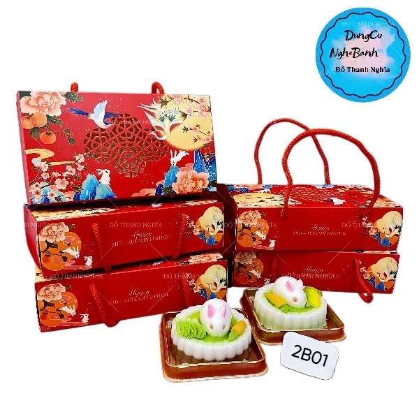 Hộp Giấy - Bánh Trung Thu Quai Xách - 2 Bánh - 2B01 Cao 7.5cm