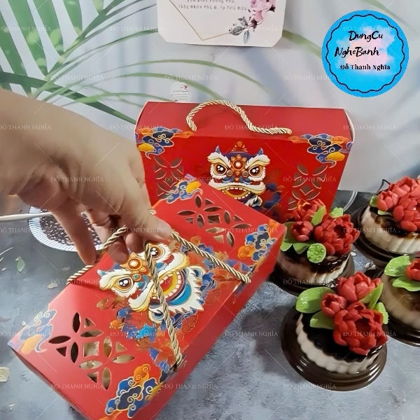 Hộp Giấy - Bánh Trung Thu Quai Xách - 2 Bánh - 2B05 Cao 7.5cm