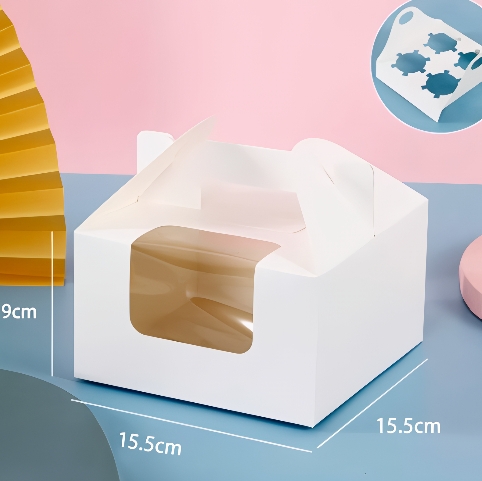 Hộp Giấy - Cup Cake - Quai Xách - 4 Bánh - Màu Trắng