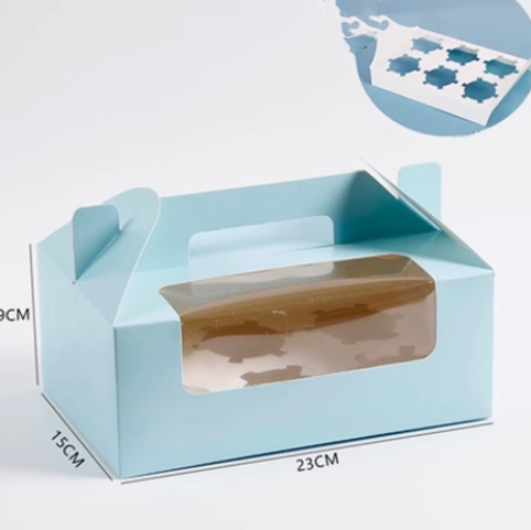 Hộp Giấy - Cup Cake - Quai Xách - 6 Bánh - Màu Xanh