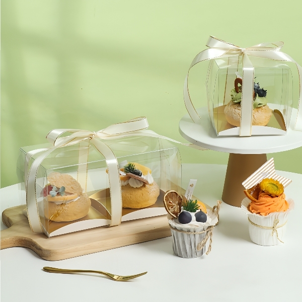 Hộp Mika - 2 Bánh Lót Vuông Đế Giấy Vàng - 2 Ngăn 20x10cm Cao 10cm