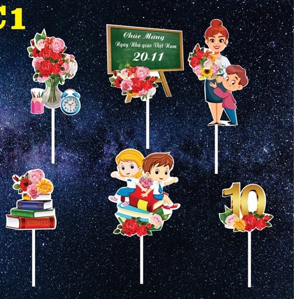 PKC-Set Cắm Giấy 20/11 Phụ Kiện Trang Trí Bánh - set thầy giáo cô giáo