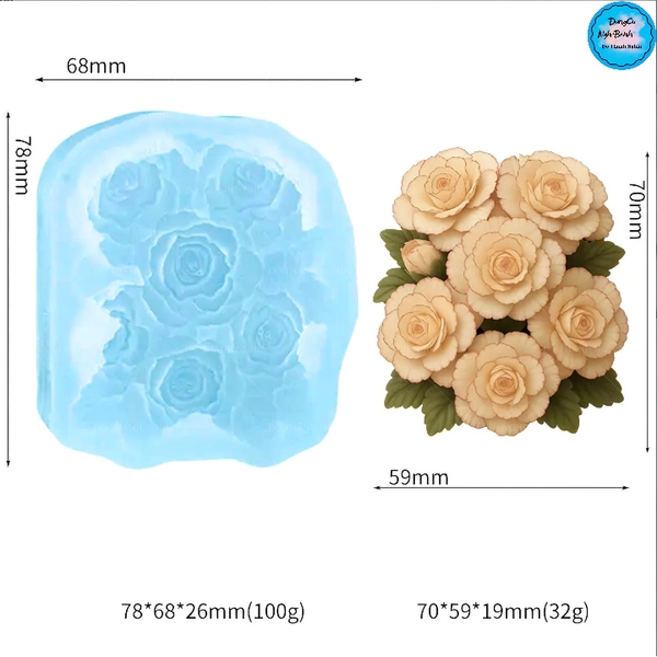Khuôn Silicon - Hoa Chùm - Chùm Hoa Mẫu Đơn Kèm Lá 7cm