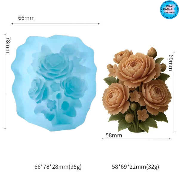 Khuôn Silicon - Hoa Chùm - Chùm Hoa Mẫu Đơn Kèm Lá 6.9cm