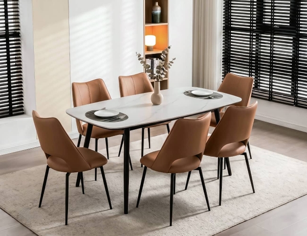 BỘ BÀN ĂN CERAMIC AMELIA 6 CHỖ  BO GÓC+ GHẾ LUMI