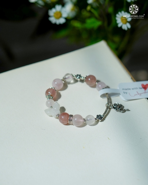 Lắc Tay Thạch Anh Hồng Phối Hồ Điệp Bạch Ngọc