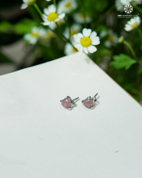 Bông Tai Trái Tim Thạch Anh Dâu - Bạc 950 Phủ Bạch Kim