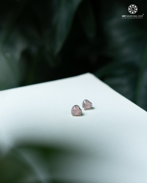 Bông Tai Trái Tim Thạch Anh Hồng - Bạc 950 Phủ Bạch Kim