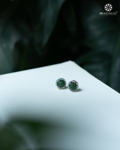 Bông Tai Hoa Hồng Ngọc Bích Đính Đá Bạc Phủ Bạch Kim