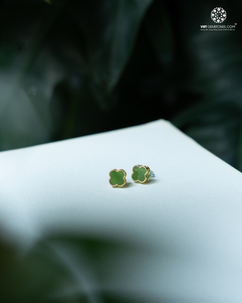 Bông Tai Cỏ 4 Lá Ngọc Bích Khoen Bạc Phủ Vàng