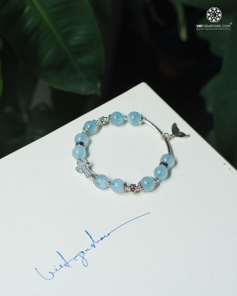 Lắc Tay Mân Côi Aquamarine Charm Bạc