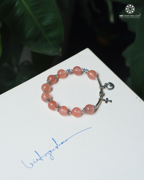 Lắc Tay Mân Côi Ngọc Nam Hồng 8mm Phối Charm Bạc