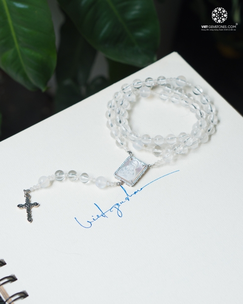 Tràng Hạt Mân Côi 50 Kinh Thạch Anh Trắng 06mm Thánh Giá Bạc