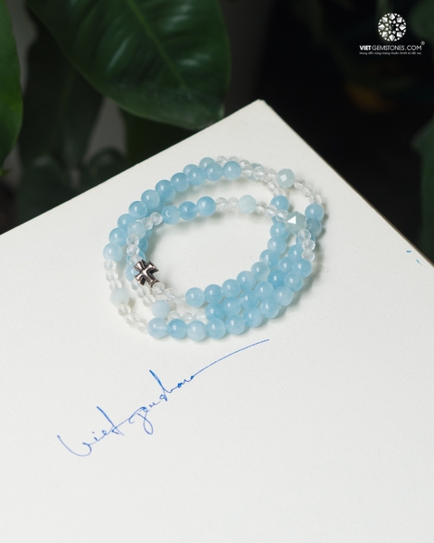 Tràng Hạt Mân Côi 50 Kinh Đá Hải Lam Ngọc Aquamarine 6mm 3lines