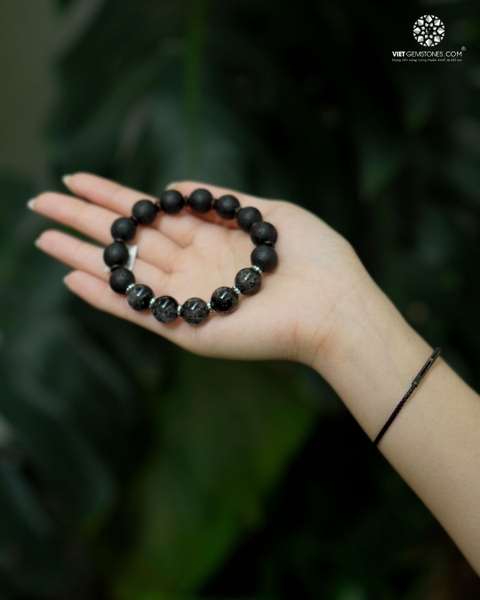 Vòng Tay Obsidian 12mm phối Thạch Anh Tóc Đen