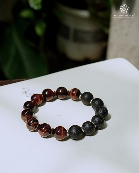 Vòng Tay Đá Obsidian 12mm Phối Mắt Hổ Đỏ