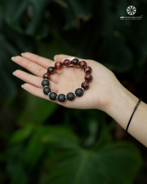 Vòng Tay Đá Obsidian 12mm Phối Mắt Hổ Đỏ