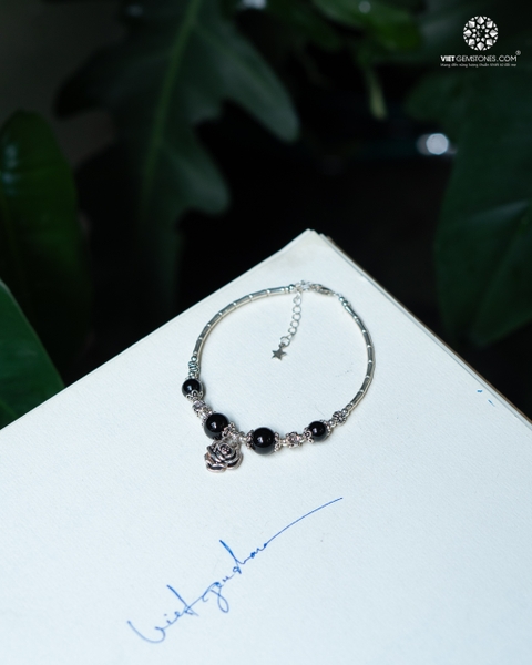 Lắc Tay Đá Obsidian Charm Bạc Thái