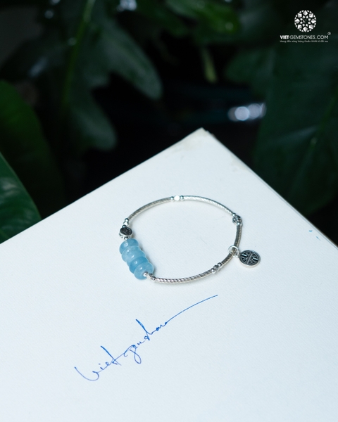 Lắc Tay Ngũ Điếu Aquamarine (Hải Lam Ngọc) Charm Bạc
