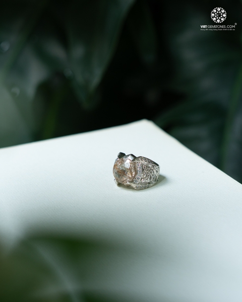 Nhẫn Bạc Nam Thạch Anh Tóc Đỏ Facet - Bạc 950 Phủ Bạch Kim