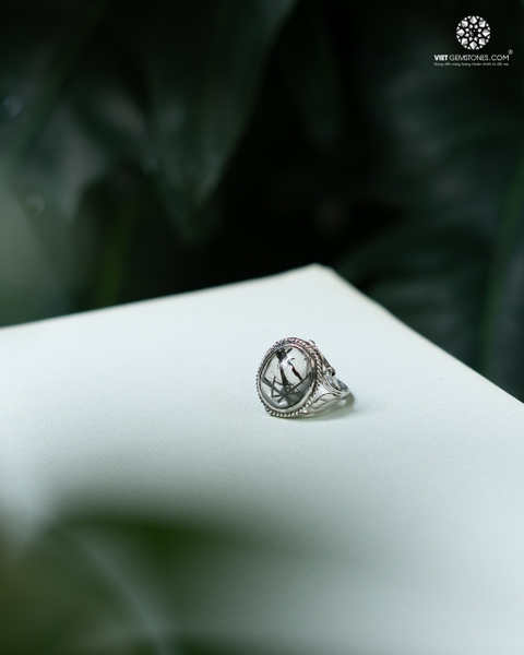 Nhẫn Bạc Đá Thạch Anh Tóc Đen Oval - Bạc Thái 925