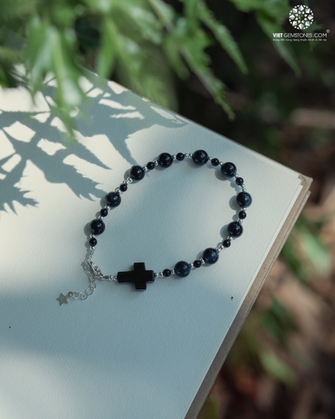 Lắc tay Mân Côi Mắt Hổ Xanh 6mm charm bạc