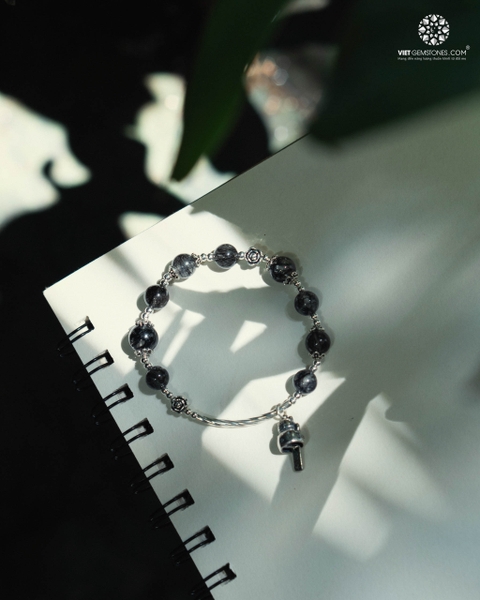 Lắc Tay Thạch Anh Tóc Đen 8mm Phối Charm Mèo Neko