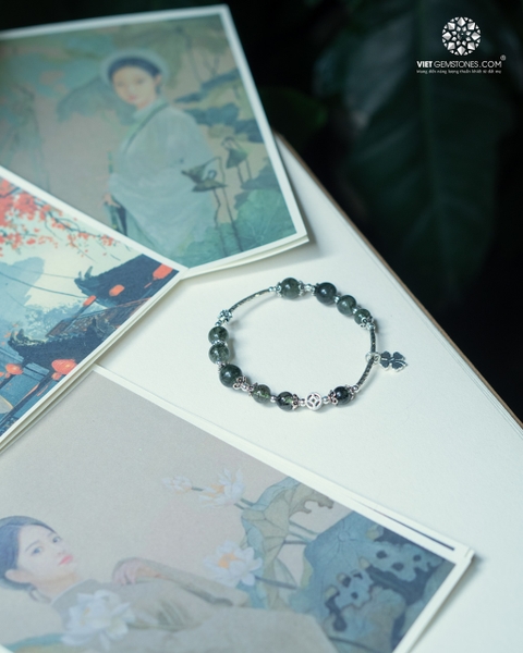 Lắc Tay Thạch Anh Tóc Xanh Charm Bạc