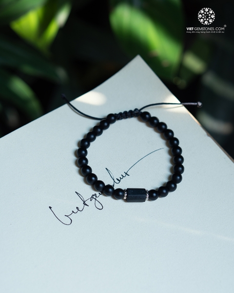 Vòng Tay Mala Obsidian 6mm phối Tourmaline Đen Tự Nhiên