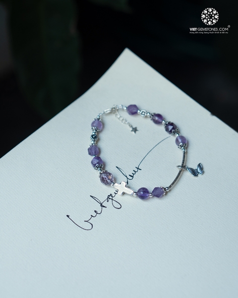 Lắc Tay Mân Côi Thạch Anh Tím Charm Bạc Thái 925