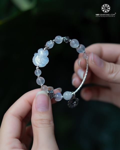 Lắc tay charm bạc Hồ Ly Ôm Mẫu Đơn Đá Mặt Trăng-Moonstone 02