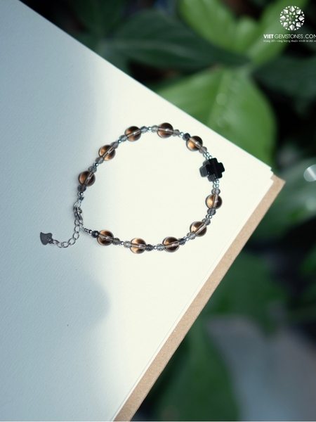 Lắc tay Mân Côi Thạch Anh Khói charm bạc