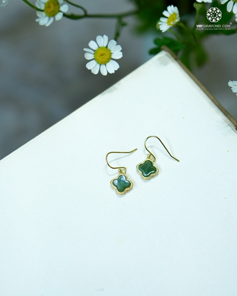 Bông Tai Tòng Teng Cỏ 4 Lá Ngọc Bích Bạc Xi Vàng